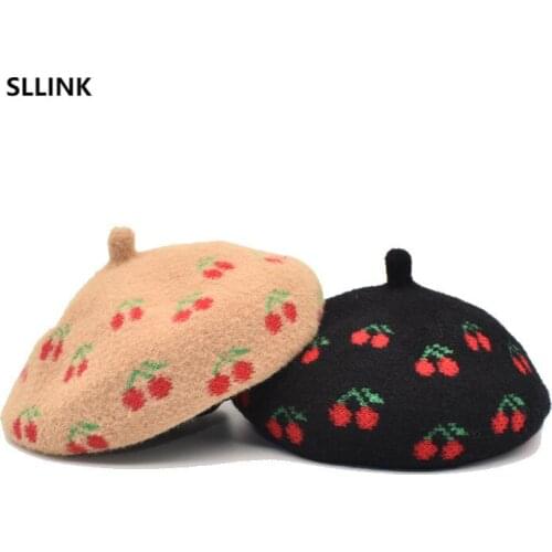 Womens new beret cherry pattern hat autumn winter warm hat painters hat newspaper childrens hat trend hats for women