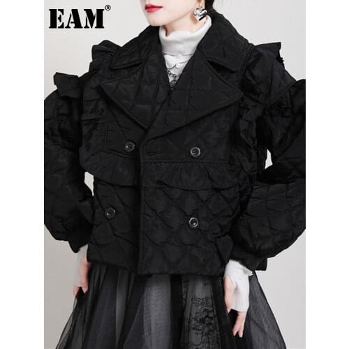 [EAM] Big Size Argyle Belt Cotton-padded Coat Long Sleeve Loose Fit Women Parkas Fashion Tide New Autumn Winter 2021 1DD2158