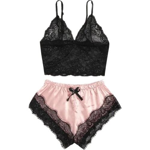 Women Pajamas Sets Satin Transparent Lace V-Neck Camisole Bowknot Shorts Set Solid Color Sleepwear Lingerie pijama hombre d4