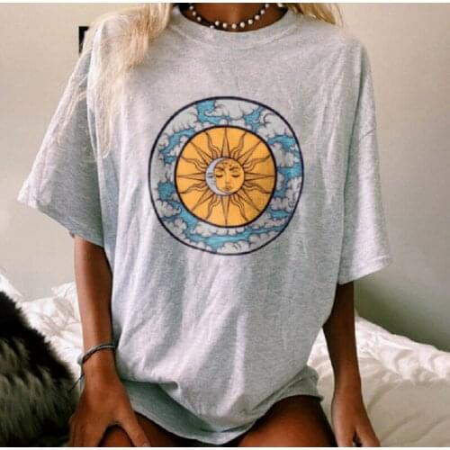 Geometric Funny Sun Print Vintage T Shirt for Women Short Sleeve Streetwear Casual T Shirt Fashion Tops Summer Plus Size Clothes