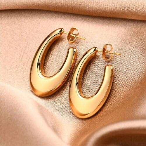 ZORCVENS Women Geometric Hoop Earrings Gold Color Stainless Steel Big Round Ear Clip Jewelry Anti Allergy Metal Party Jewelry