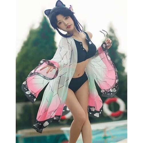 Anime Kimetsu no Yaiba Cosplay Costume Demon Slayer Summer Swimsuit Set Kamado Nezuko Shinobu Halloween Women Cloak Vest Shorts