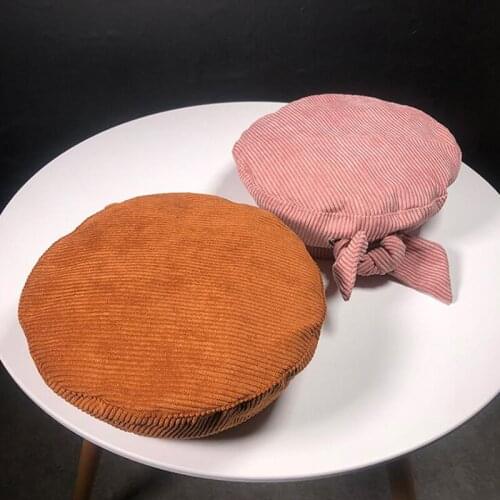 Female Autumn And Winter Solid Color Corduroy Beret Retro Wild Bow Painter Hat