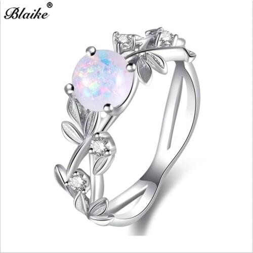 Blaike Silver Color Olive leaf Rings For Women Exquisite White Fire Opal Ring Bride Wedding Engagement Ring Gifts