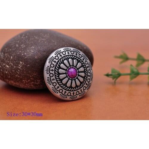 10pcs 30X30mm Antique Silver Tribal PURPLE Bead Flower Leathercraft Saddles Conchos