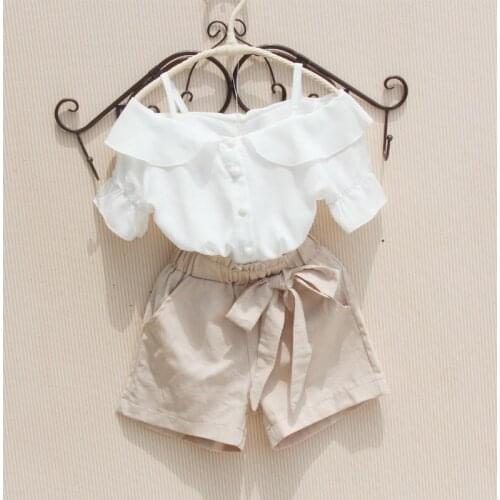 Summer 2019 kids clothes girls sets clothing chiffon off shoulder top+cotton shorts 2-piece suit girls outfits children clothes