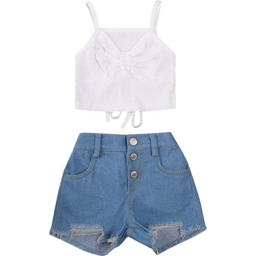 2021 1-6Y Summer Kids Girl Clothing Fashion New Sleeveless Pleated Bandage White Crop Top Vest+Button Denim Shorts 2pcs Outfits