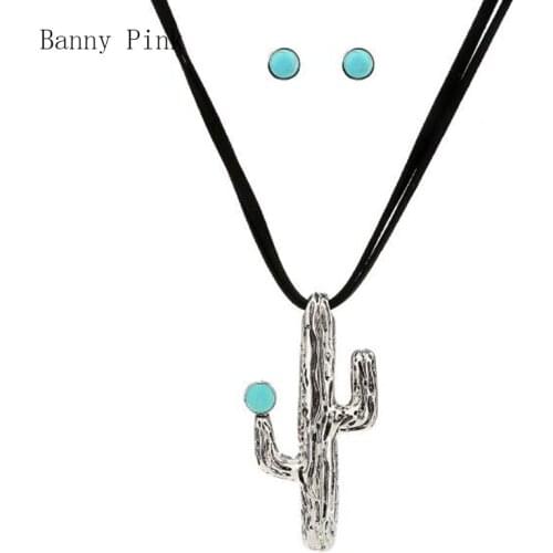 Bohemia Alloy Catus Pendant Necklace For Women Black Rope Chains Necklace Fashion Jewelry Set Chunky Pendant Necklace Earrings