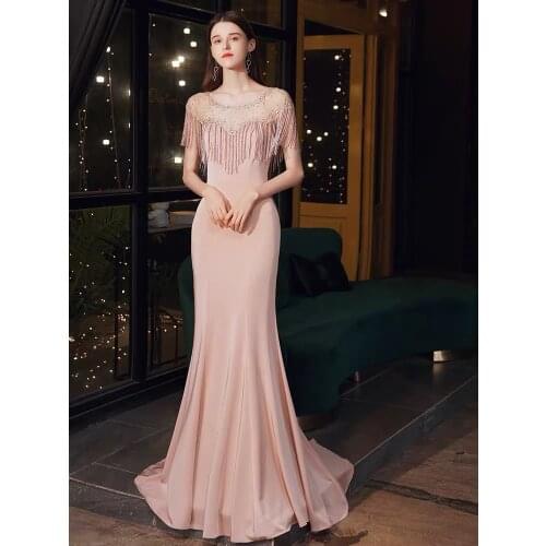 Elegant Pink Mermaid Evening Dresses Tassel Beaded Zipper Back O Neck Luxury Dubai Arabic Women Guests Formal Party Prom Gowns