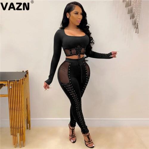 VAZN 2021 O-neck Elegant Transparent Sport Casual Suit Fashion Elegant Sexy High Street Set Holiday Women Young Energetic Set