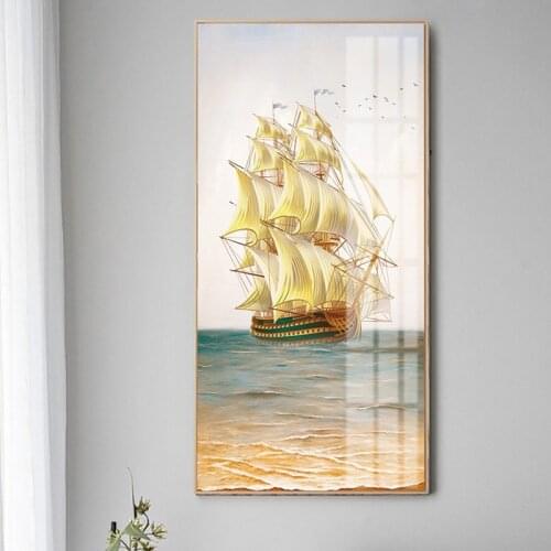 Golden Sailboat Sea Canvas Painting Modern Wall Art Landscape Canvas Seascape Poster Nordic Wall Picture for Living Room 4-36
