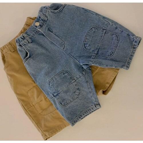 Handsome fit loose-fitting personality patch elastic waist casual jeans 22D1181
