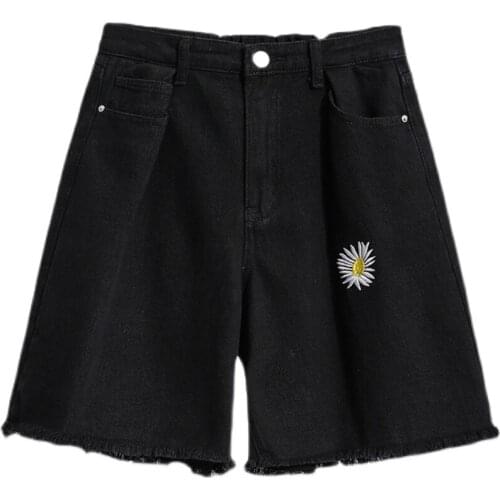 Small daisy Embroidery Casual Shorts Womens White Black Summer Loose Five-point Pants Plus size High-waisted wide-leg pants
