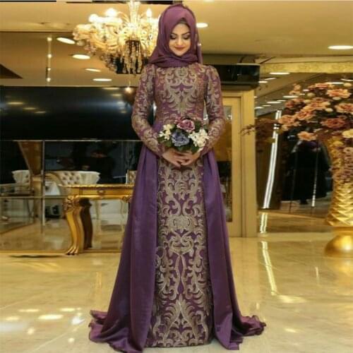 Moroccan Caftan Satin Long Evening Dress With Detachable Train Appliques Lace Muslim Prom Gowns Dubai Arabic Women Formal Dress