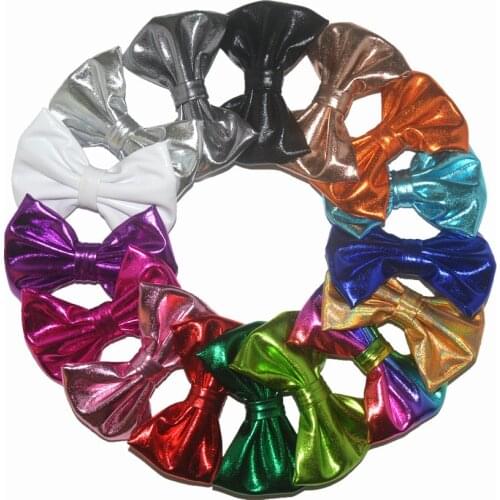 MengNa New 60pc/lot Shiny Stamping Hair Bow,4" Girls Fabric Bows for headband hair clips flat back 16Color
