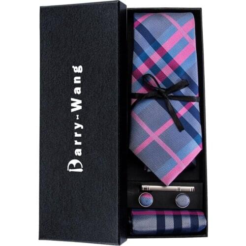 TS-467 Barry.Wang 2018 Mens Ties Necktie Hanky Cufflinks Set With Gift Box Violet Plaids Ties For Men Wedding Business Party