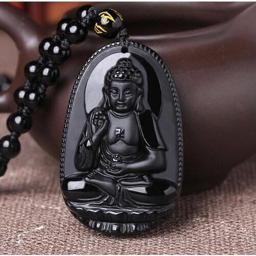 Natural obsidian buddha pendant male Women necklace animal buddha Bead curtain transhipped scrub buddha head pendant black