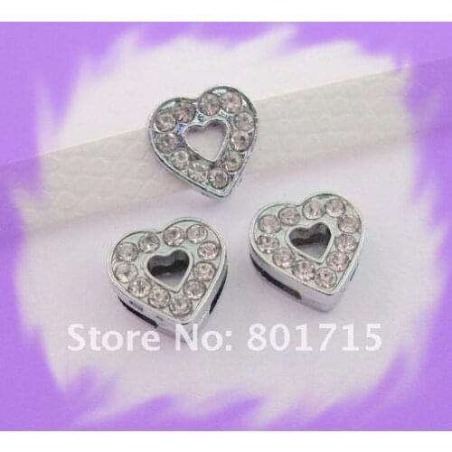 Wholesale 8mm 100pcs Full Rhinestone Heart shape slide Charms can through 8mm Belt Wristband