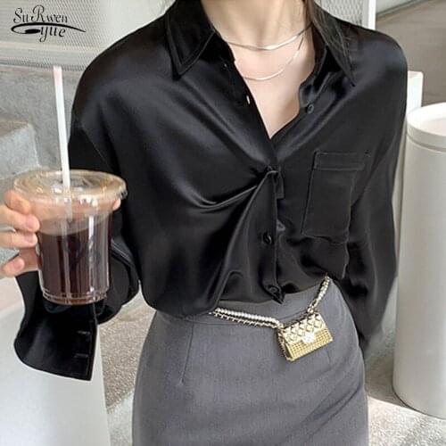 Autumn Acetate Satin White Long Sleeve Shirts Spring Retro Black Elegant Casual Top Sweet Office Lady Simple Women Blouses 16790
