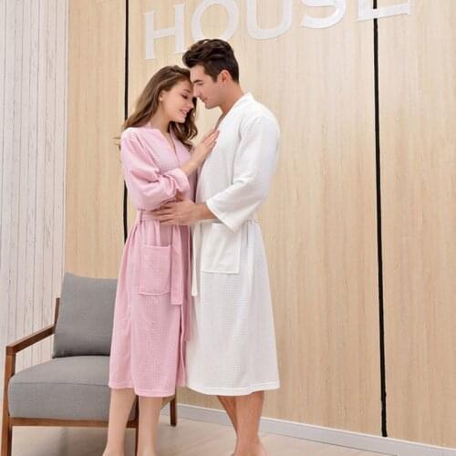 Couple Pajama Women Sexy V-Neck Bath Robe Men Waffle Shower Sleepwear Spring Summer Thin Nightgowns Oversize 3XL Home Clothing