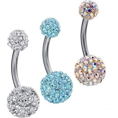 Mix Color Belly Button Rings Navel Piercing Bar Double Crystal Head Stainless Steel Cubic Zirconia Stone Body Jewelry