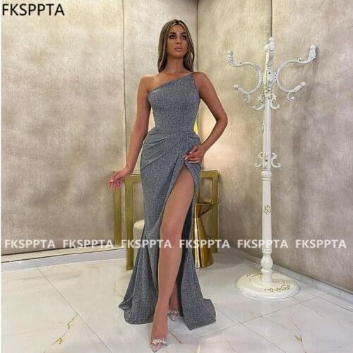 Sexy Mermaid Long 2021 Prom Dresses Grey Shiny Fabric High Slit Floor Length Women Party Prom Gowns Custom Made