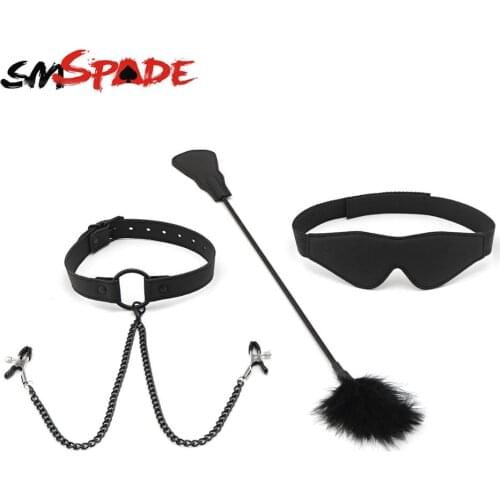 Smspade Open Mouth Ring Gag Leather Blindfold and Feather Tickler Black for Role Play Fancy Dress Party Games Adult Sex Toys