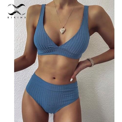 Sport sexy bikini set Ribbed high waist bikini 2020 Sports womens swimsuit solid Female push up swimwear V neck bathing suit