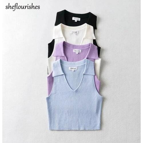 Sleeveless top women sexy knit tank top corset summer clothes for women turn down collar tops solid elegant crop top black 2021