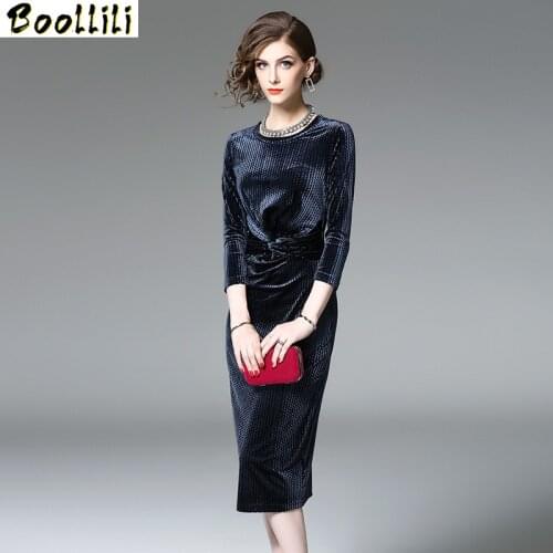 Boollili Vintage Velvet Party Dress Women Clothes 2020 Spring Autumn Elegant Midi Blue Dress Women Dresses Vestidos Robe Femme