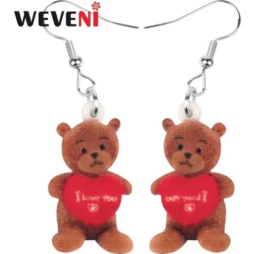WEVENI Acrylic Heart Lovely Doll Plush Bear Long Printing Animal Dangle Drop Jewelry For Women Lover Kid Fashion Gift Decoration