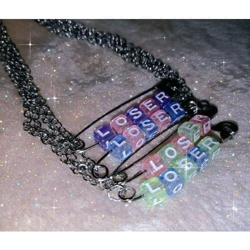 Funny Harajuku Loser Letter Pins Cube Pendant Stainless Steel Necklace For Women Girl Friends Cool Unique Punk Geometric Choker