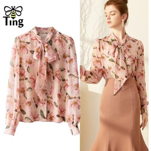 Tingfly Designer Flower Print Pink Bow Blouses Elegant Summer Chiffon Work Casual Female Shirts Sweet Girl Blusas Moda Verano Za