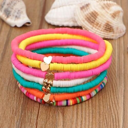 Go2Boho Heart Charm Bracelets Polymer Clay Bracelet For Female Summer Heishi Disc 4mm Beaded Braclets Women 2021 Fashion Jewelry