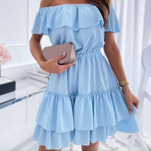 Women Dress Solid Color Short-sleeve Loose Dress Casual Dress Dress One Word Collar Fashion Off-shoulder Ruffle Dress Summer