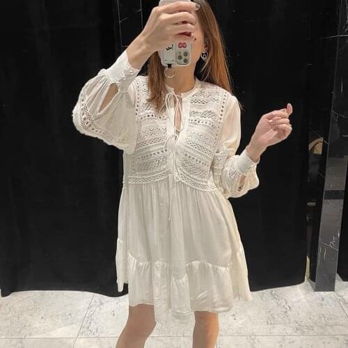 Womens summer white dress hollow vintage lace lace French brand ruffled elegant party dress women