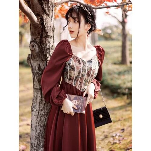 Bella Vintage Oil Paintings Jacquard Red Dress For Slim Retro Royal Style Square Collar Puff Sleeve Princess Dress Dating Party