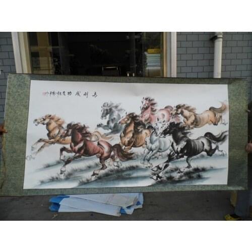 200CM Large- TOP foreign business gift Home SHOP WALL Decorative Success 8 running horses FENG SHUI ART chinese painting work