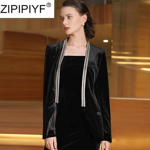 2019 New British Style Slim Professional Black Velvet Suit Fashion Women Long Sleeves Blazer C2122