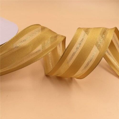 N2065 38mm X 25yards Wired Edge Gold Striped Satin Organza Sheer Ribbon. Gift Bow,Wedding,Cake Wrap,Tree Decoration,Wreath