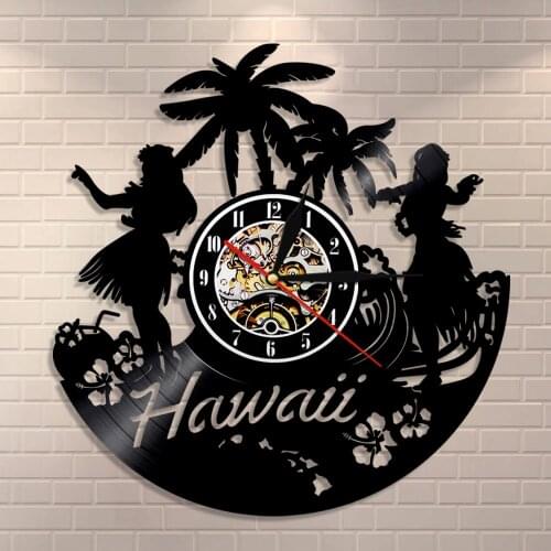 Vinyl Record Clock Hawaiian Beach Palm Scenery Vintage Summer Ornament Hawaii Wall Clock Hawaiian Luau Party Wall Art Home Decor