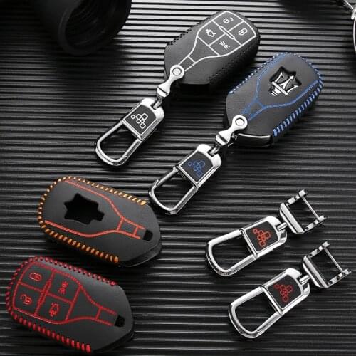 Car key case chain for Maserati Ghibi Granturismo Quattroporte Levante remote keychain cover genuine leather ring shell fob