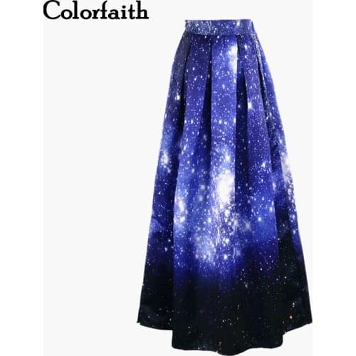 2017 Satin Women 100cm High Waist Flared Maxi Skirts Starry Sky Printed Pleated Floor Length Long Skirts Saias SP030