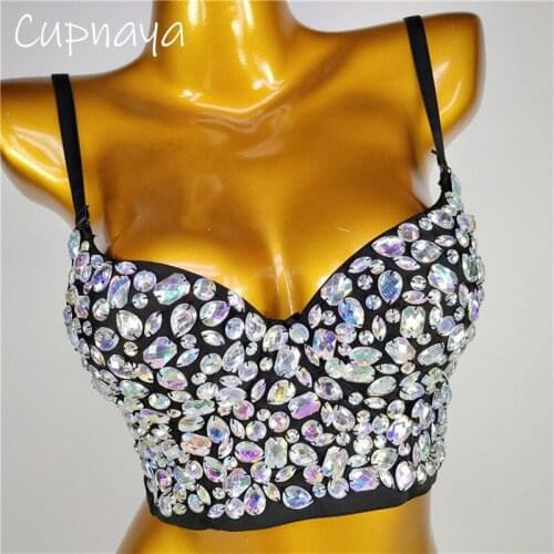 Cupnaya Sparkly Crystal Women Stretch Crop Top Sexy Ladies Removable Spaghatti Strap Club Bustier Inner Tube Cami Vest Black