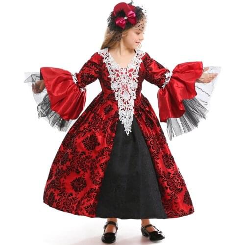 Kids Renaissance Medieval Gothic Vampire Costumes Cosplay Dress Hat Petticoat For Girls Halloween Ball Model Runway Costume