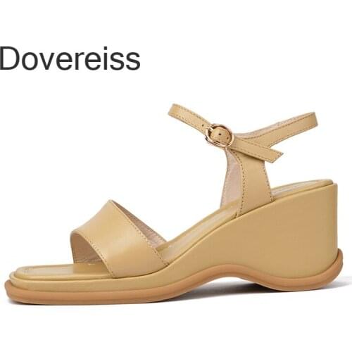 Dovereiss Fashion Summer Womens Shoes White Elegant Genuine Leather Buckle Wedges Waterproof Sandales Sexy Consice Party Shoes