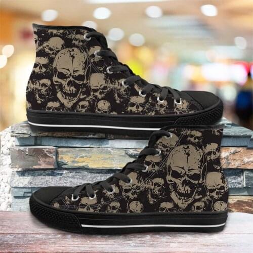 ELVISWORDS Fashion Mens Canvas Shoes 3D Gothic Skull Design Flats Canvas High Top Vulcanized Shoes for Women Breathable Walking