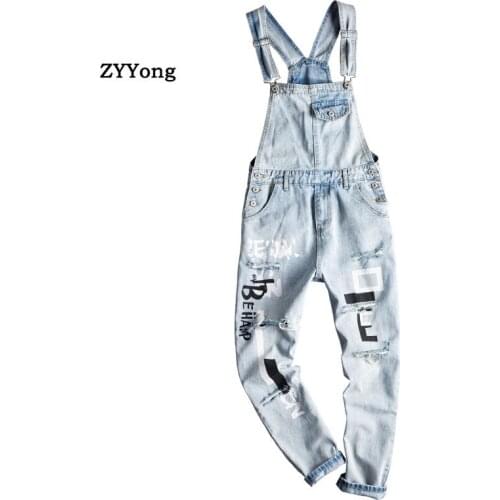 Blue Overalls Men Letter Print Hole Denim Jumpsuit Bib Tattered Ripped Jeans Hip Hop Streetwear Rompers Cargo Pants Trousers