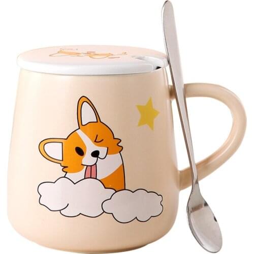 400ML Cute Cartoon Corgi Dog Ceramic Coffee Mug Creative Ceramic Milk Breakfast Cup with Lid Spoon Handle Couple Juice Cup