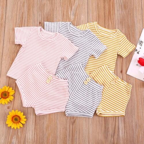 Summer Baby Toddler Cotton Stripe Printing Short Sleeve T-shirt Top Buttons Shorts Kids Sets Fashion Casual Outfits Sets